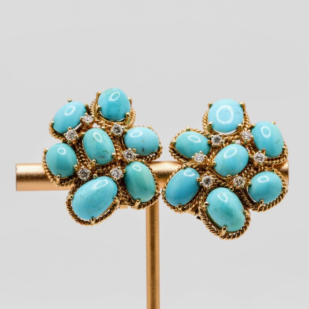 Vintage 18K Gold Family Heirloom Turquoise Diamond Clip On Earrings
